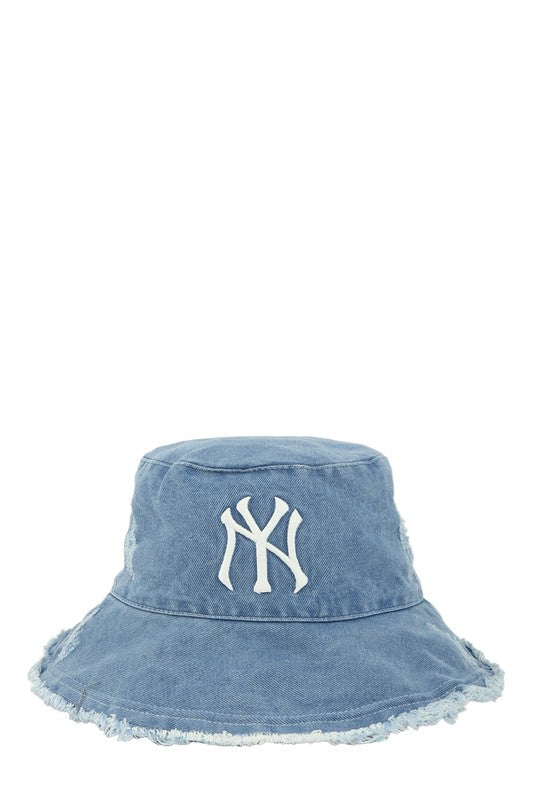 Distressed Denim NY Bucket Hat with Wired Brim