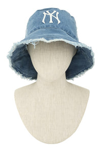 Distressed Denim NY Bucket Hat with Wired Brim